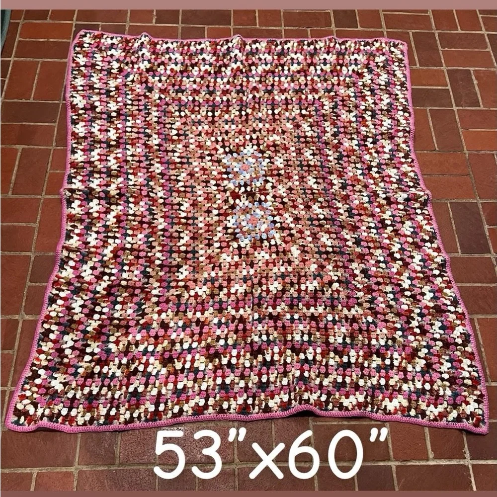 Handmade Vintage Crochet Purple Pink Throw Blanket Maroon Brown Tan Cream